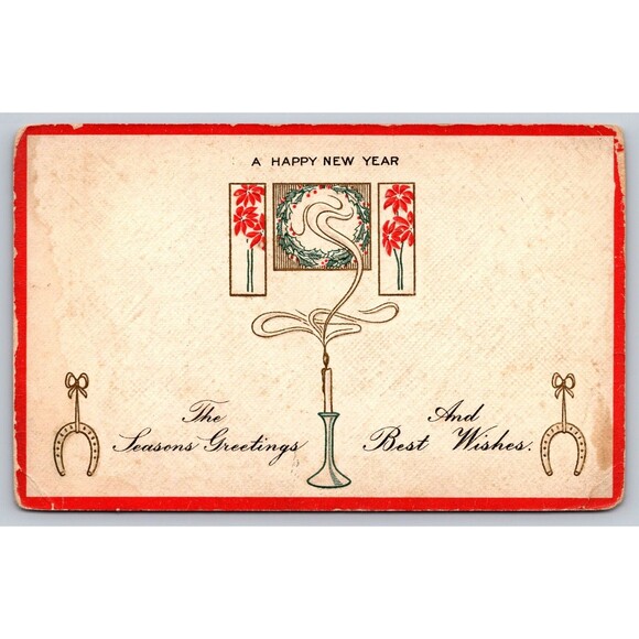 Postcard Happy New Year Candle Horseshoes Seasons Greetings Embossed Posted 1916 - Picture 1 of 2